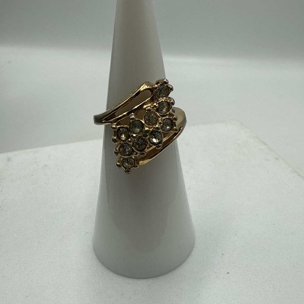 Vintage Gold Tone Rhinestone Cluster Bypass Cocktail Ring Size 5.25